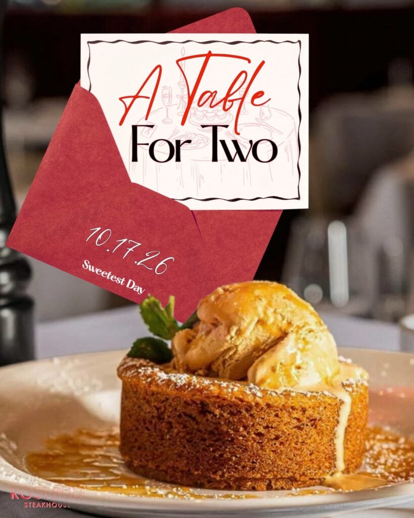 Rosebud Steakhouse, A Table For Two, Sweetest Day 10.17.26: a red envelope and card on a dinner table